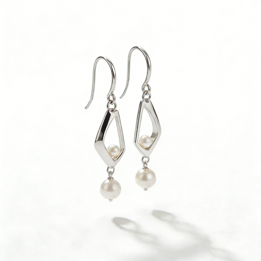 Hollow Rhombus Double Pearl Long Earrings