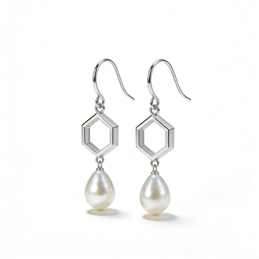 Geometric Hexagon Pearl Ear Hooks