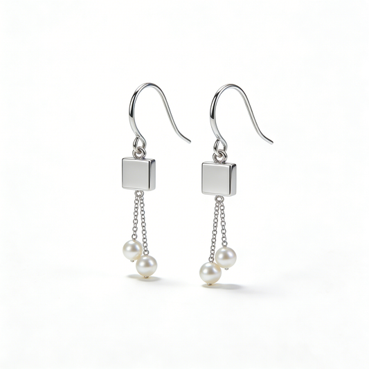 Square Double Pearl Tassel Ear Hooks