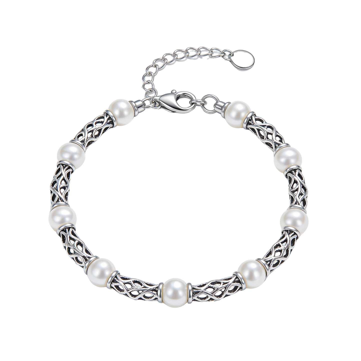 Hollow Woven Chain Pearl Spaced Patchwork Vintage Silver Bracelet