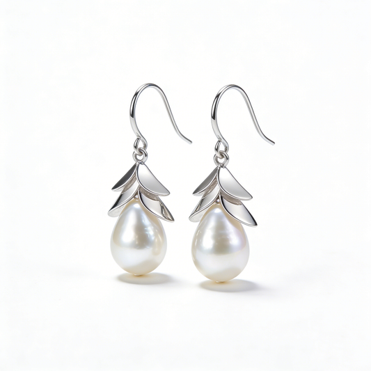 Woodland Leaf Teardrop Pearl Ear Hooks