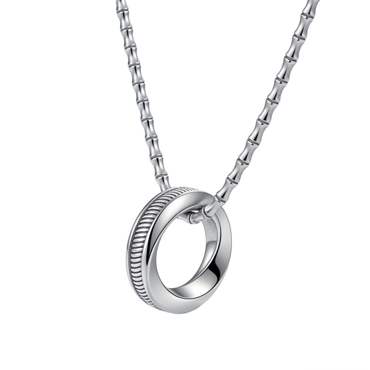 Interlocking Double Ring Vertical Striped Circle Minimalist Pendant Necklace
