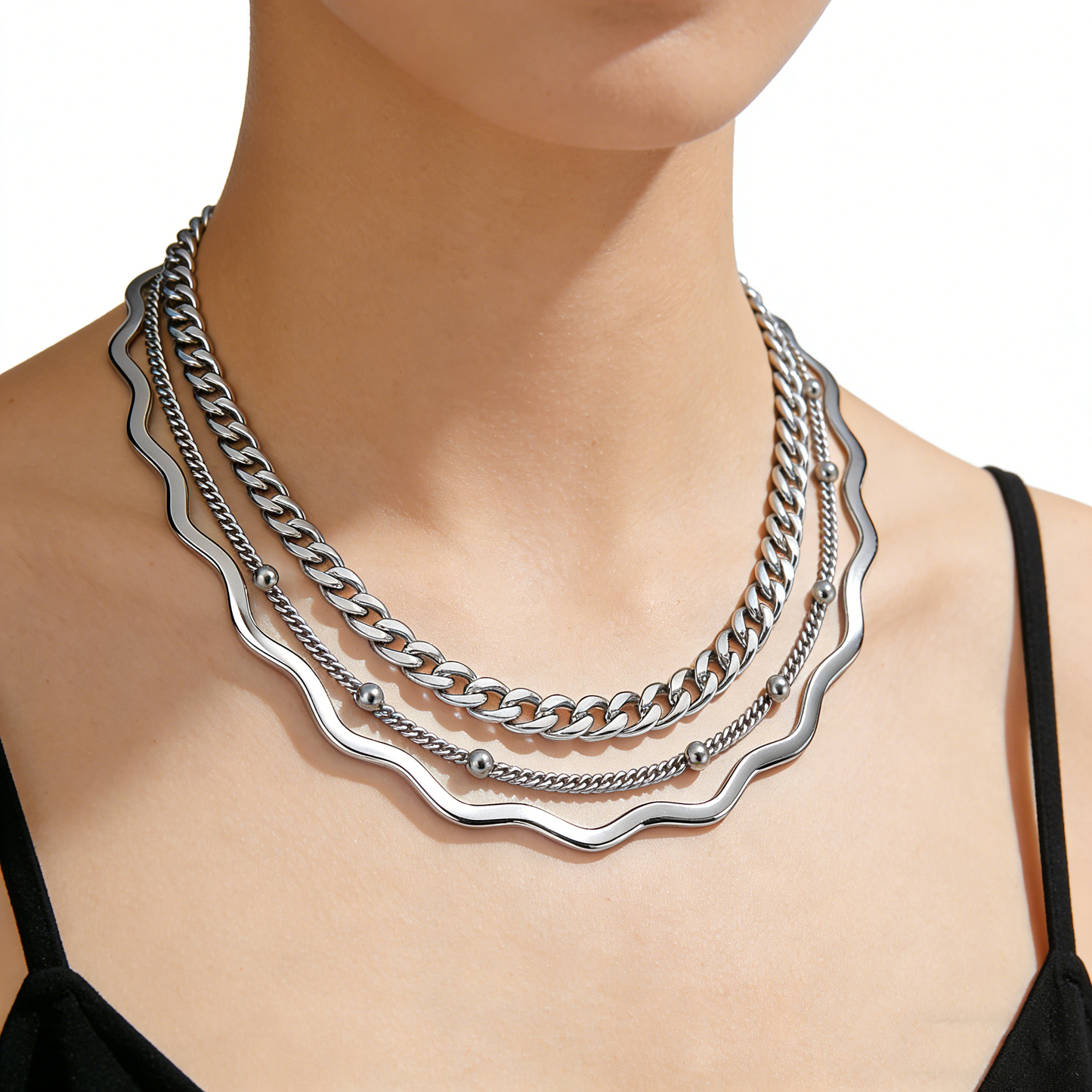 Multi-layer Wavy Edge Layered Silver Necklace