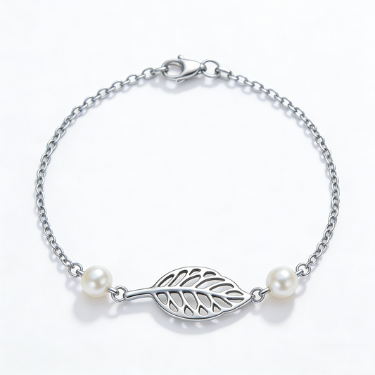 Hollow Leaf Double Pearl Minimalist Silver Bracelet