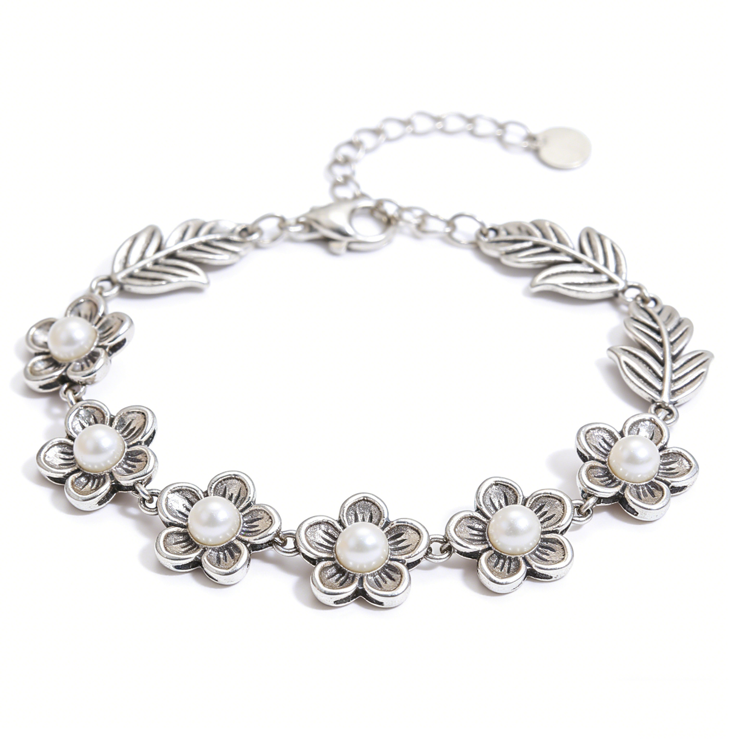 Vintage Flower Leaf Pearl Patchwork Adjustable Bracelet