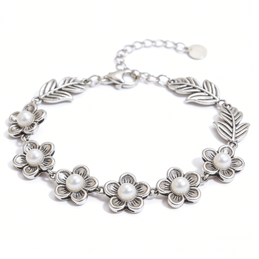 Vintage Flower Leaf Pearl Patchwork Adjustable Bracelet