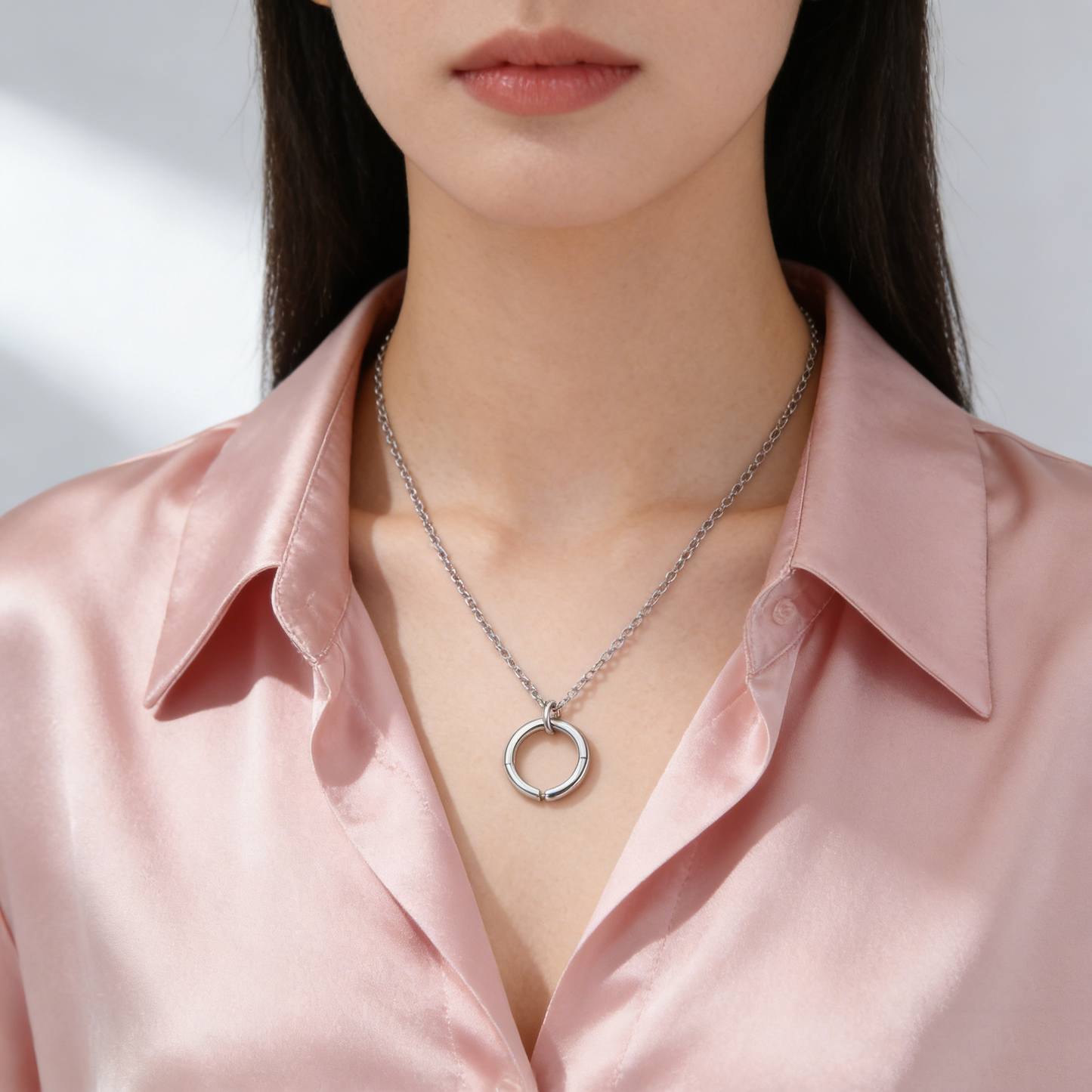 Double Layer Thin Chain Circle Pendant Layered Necklace