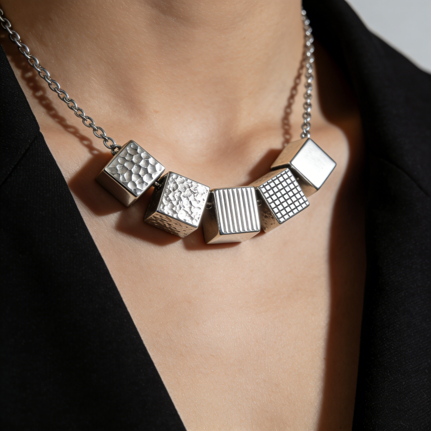 Multi-textured Square Patchwork Geometric Choker