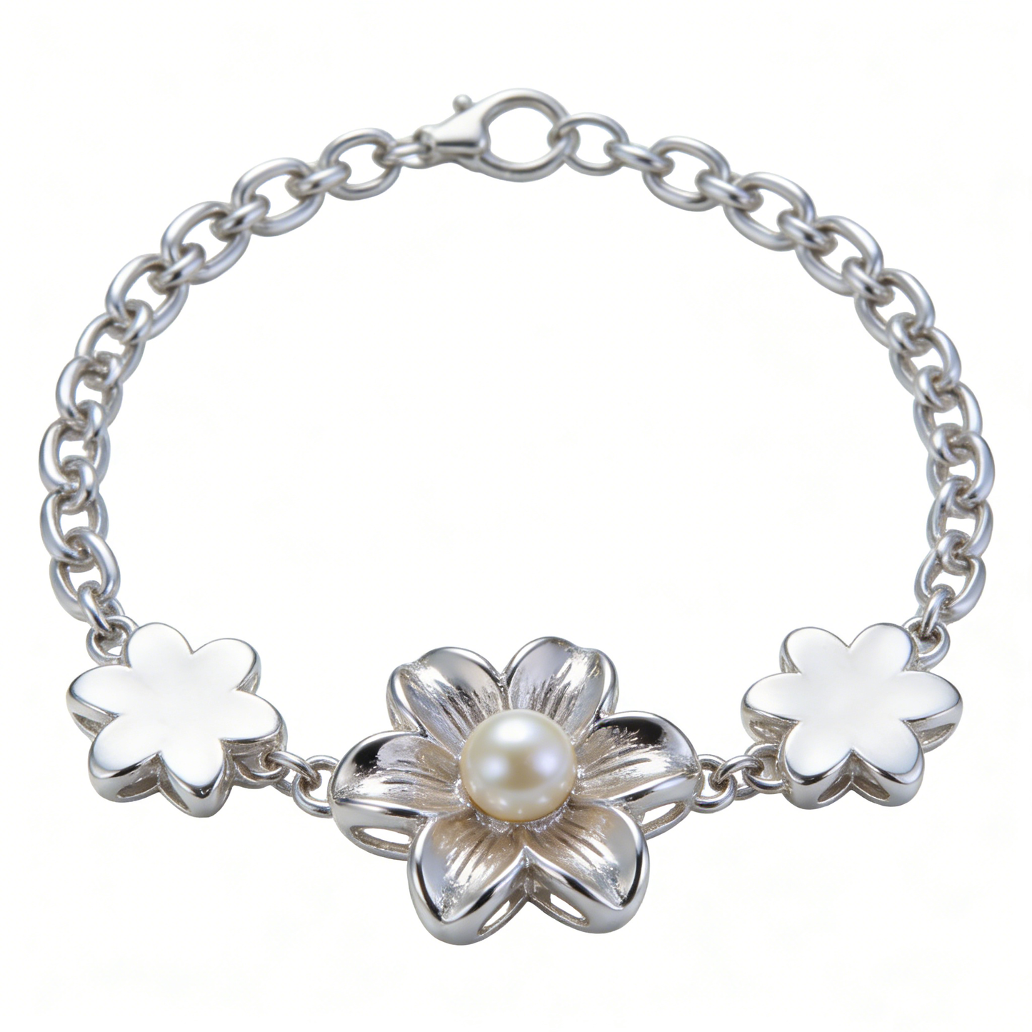 Pearl Stamen Three-Flower Patchwork Silver Bracelet
