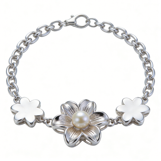 Pearl Stamen Three-Flower Patchwork Silver Bracelet