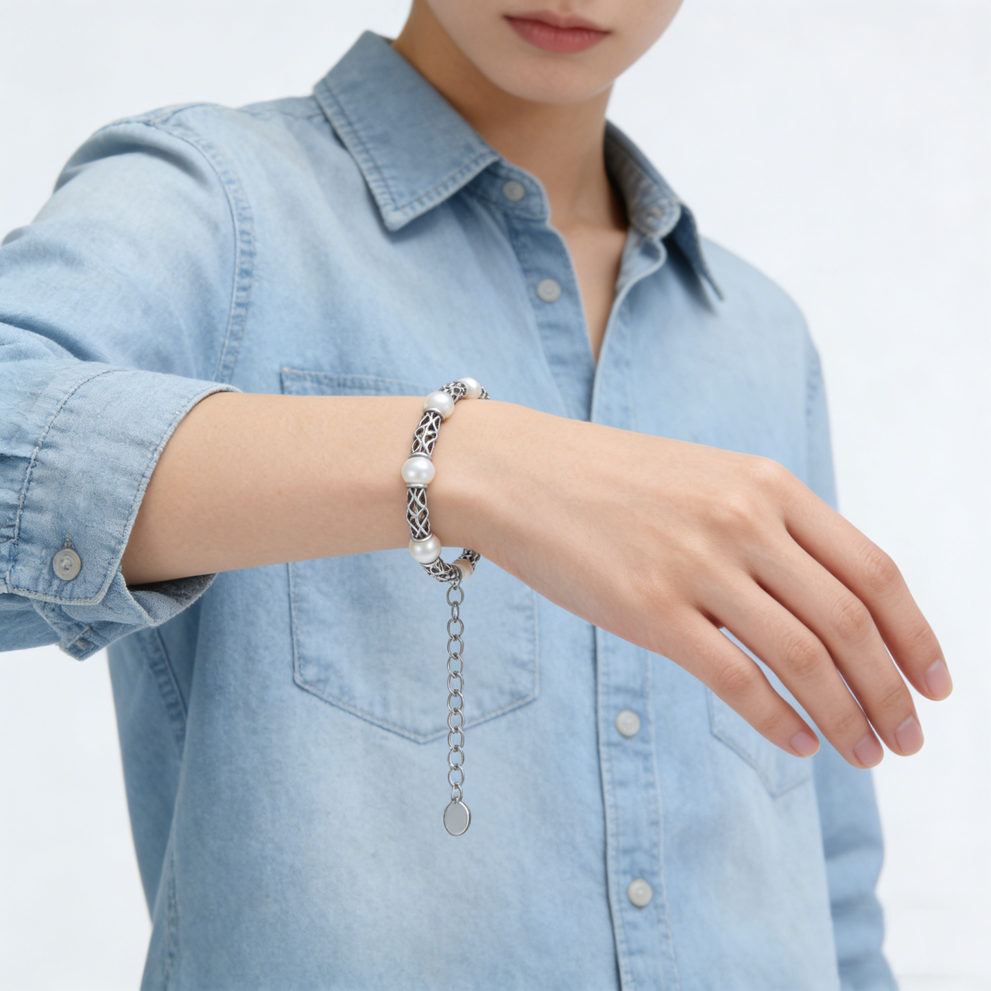 Hollow Woven Chain Pearl Spaced Patchwork Vintage Silver Bracelet