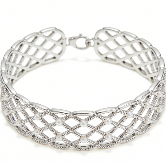 Grid Woven Small Pearl Inlaid Wide Bracelet