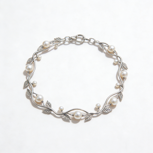 Vine Leaf Pearl Wrapped Vintage Silver Bracelet