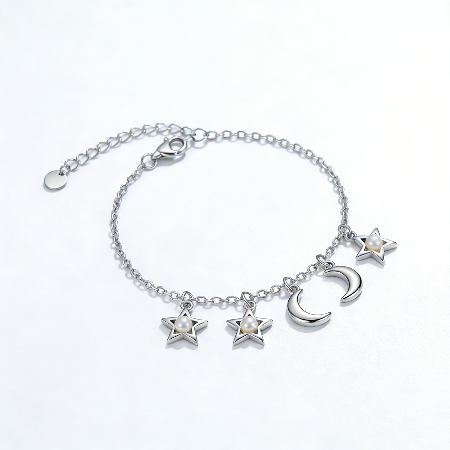 Star Moon Pearl Pendant Adjustable Silver Bracelet