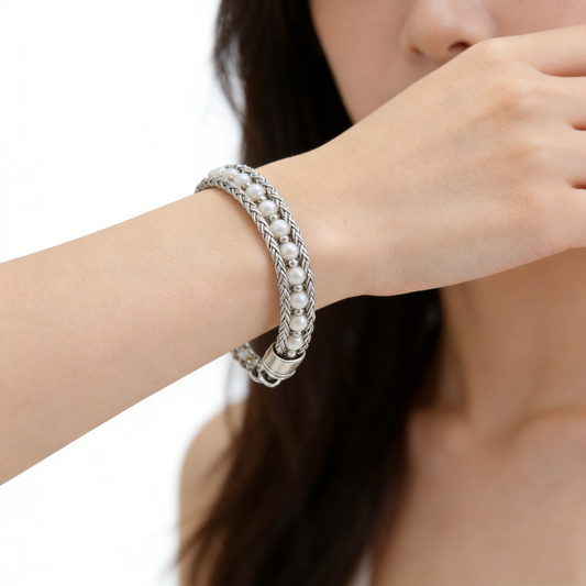 Woven Wide Small Pearl Inlaid Luxury Silver Bracelet
