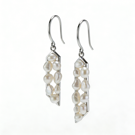 Long Frame Crushed Pearl Filled Asymmetric Earrings