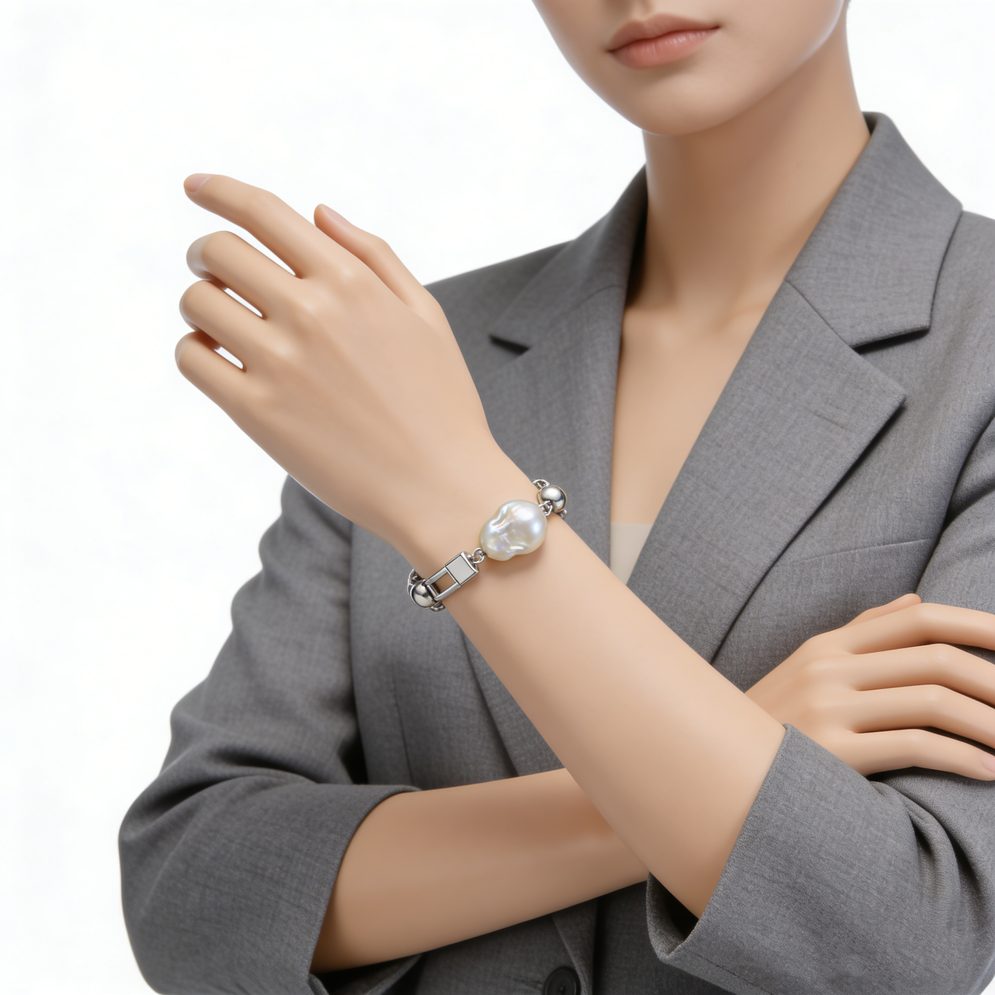 Geometric Chain Baroque Pearl Patchwork Silver Bracelet