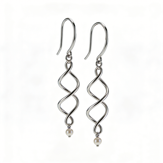 Spiral Wave Line Pearl Pendant Long Earrings