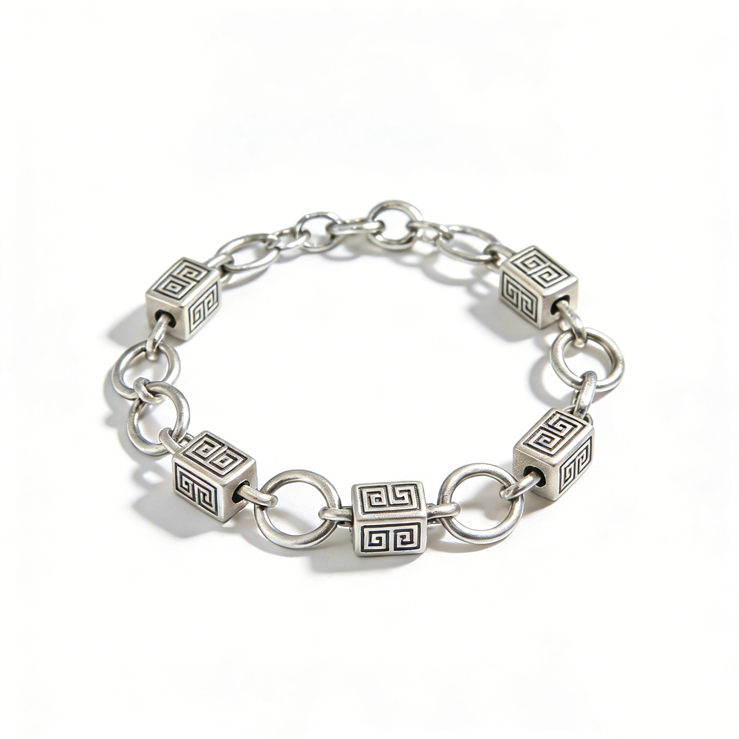 Vintage Silver Bracelet with Meander Pattern Square and Ring Links