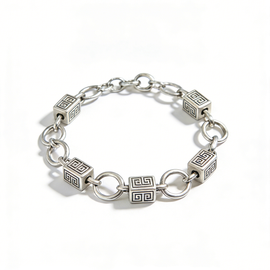 Vintage Silver Bracelet with Meander Pattern Square and Ring Links