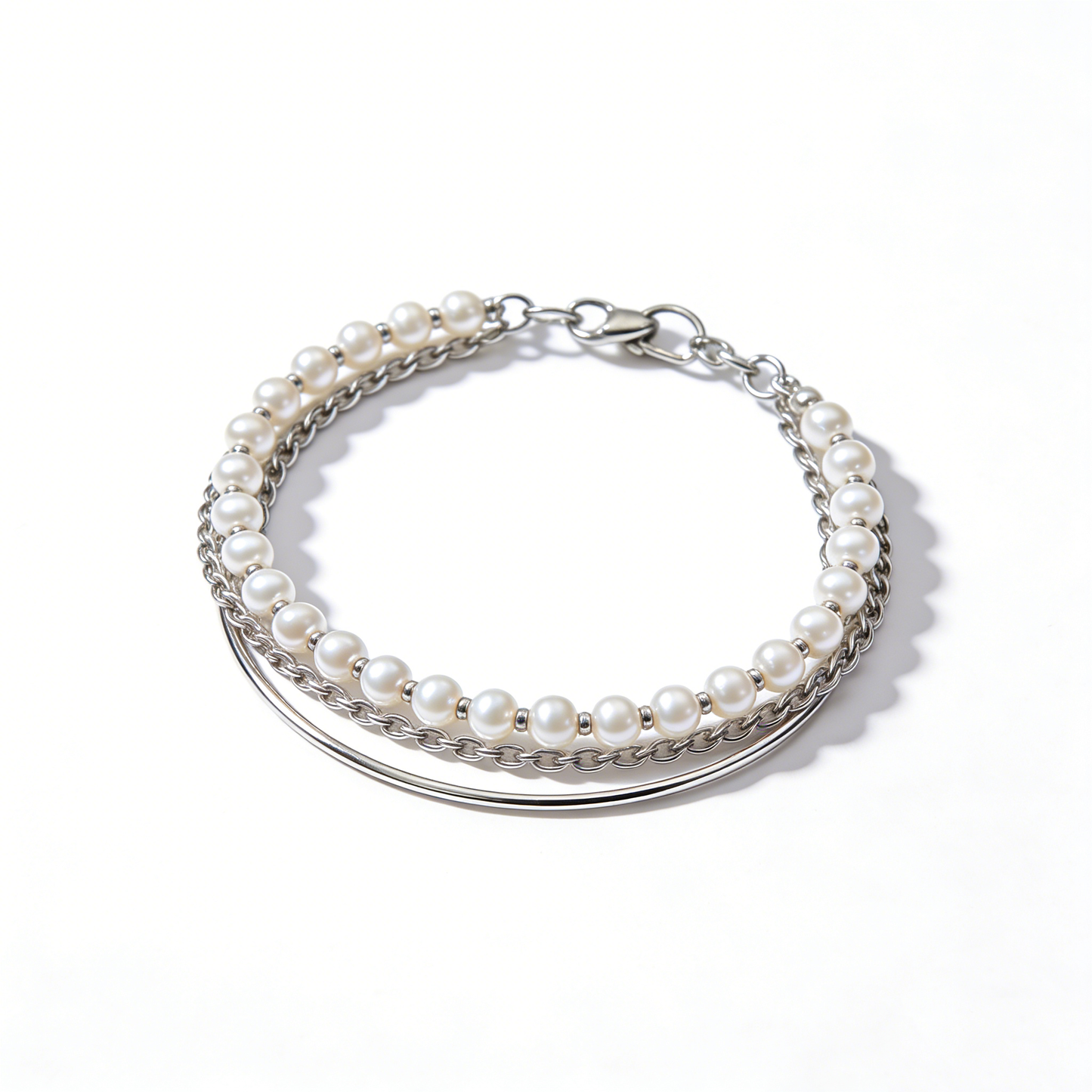 Multi-layer Pearl Metal Chain Layered Silver Bracelet