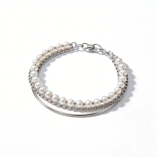 Multi-layer Pearl Metal Chain Layered Silver Bracelet