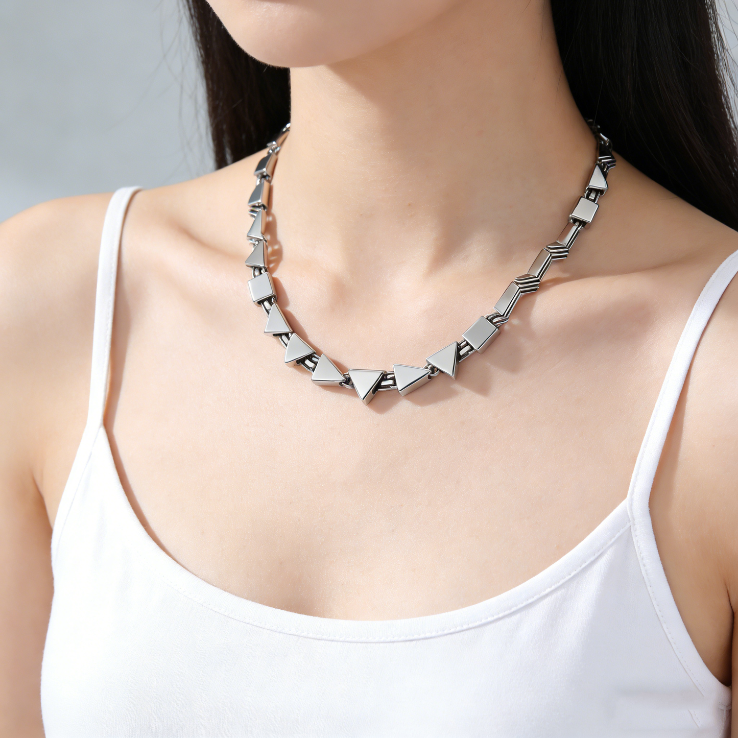 Geometric Triangle and Square Patchwork Silver Choker