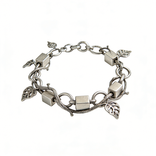 Vintage Silver Vine Leaf and Block Patchwork Bracelet