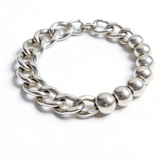 Curb Chain Bead Patchwork Vintage Silver Bracelet
