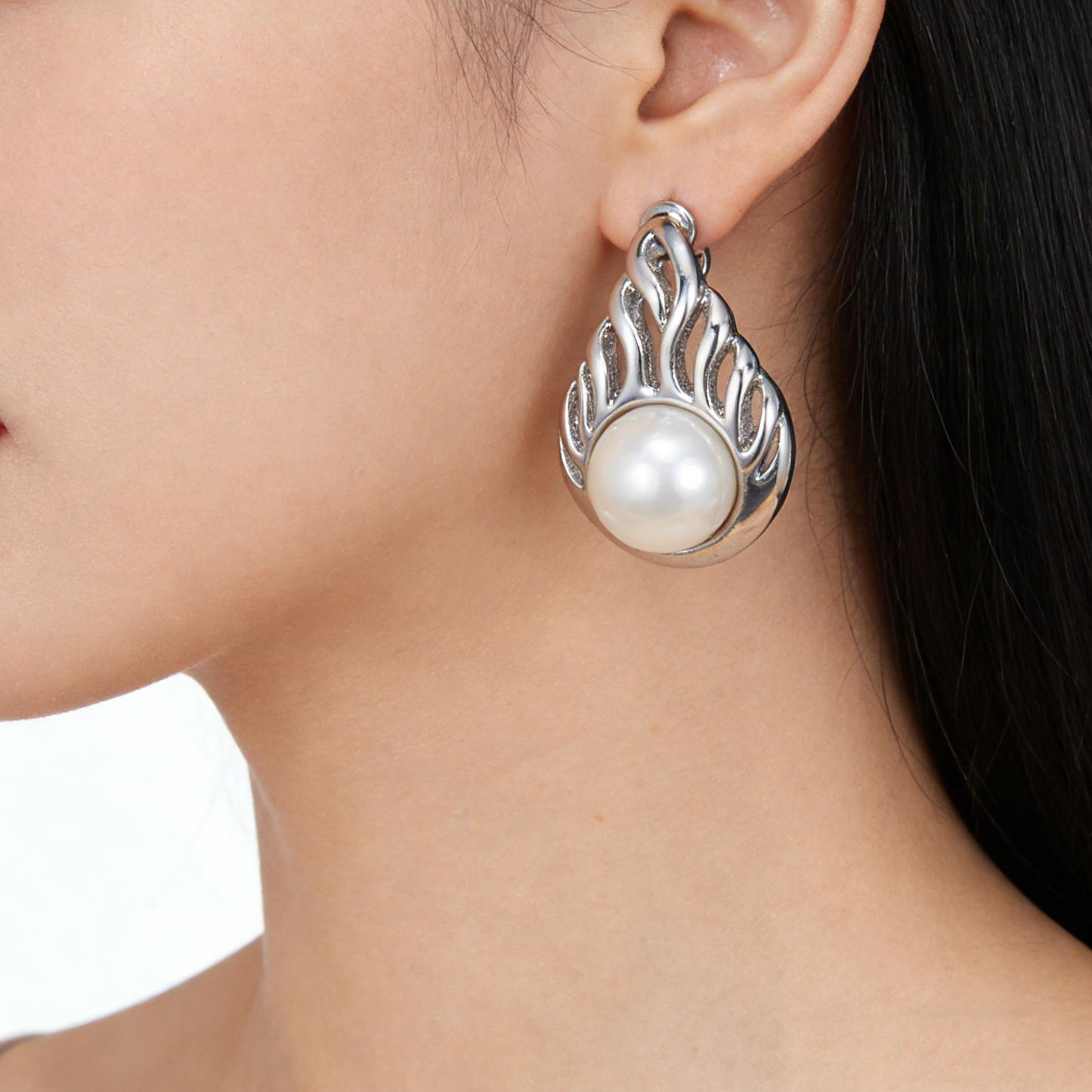 Niche Flame Texture Pearl Stud Earrings