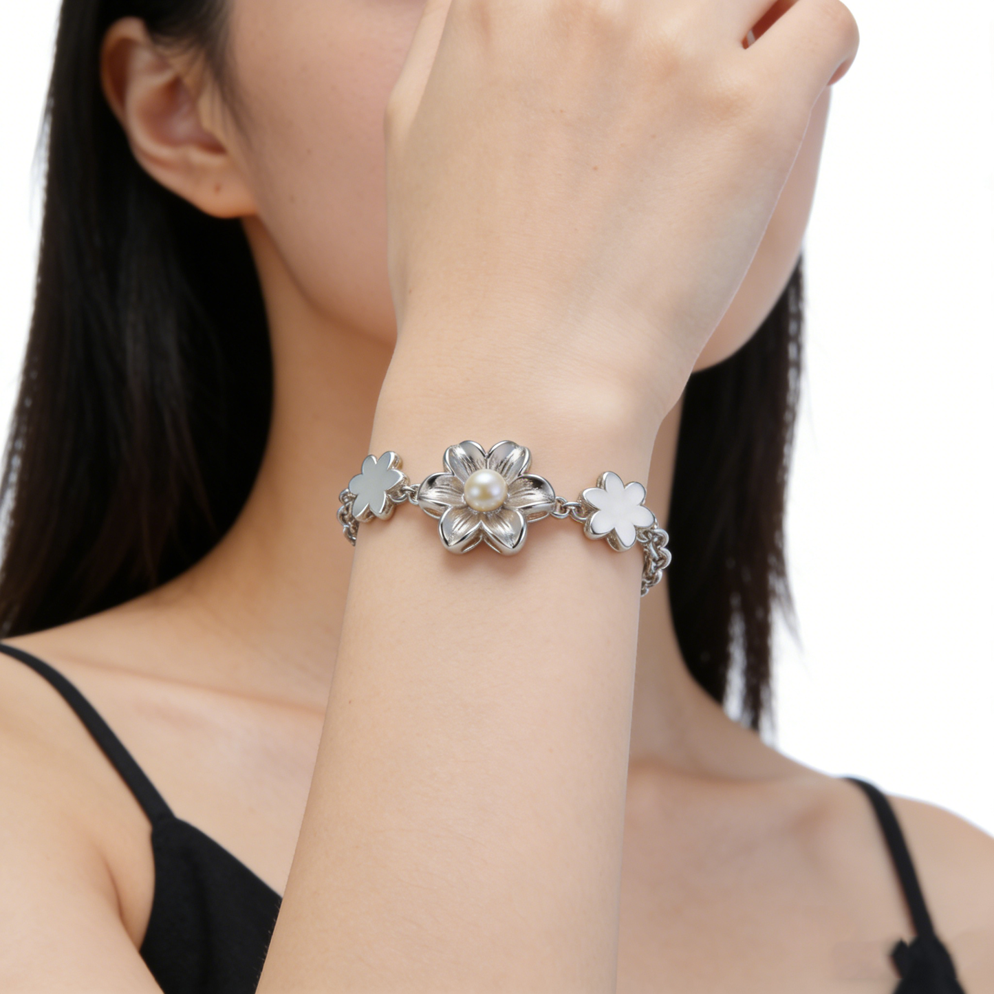 Pearl Stamen Three-Flower Patchwork Silver Bracelet