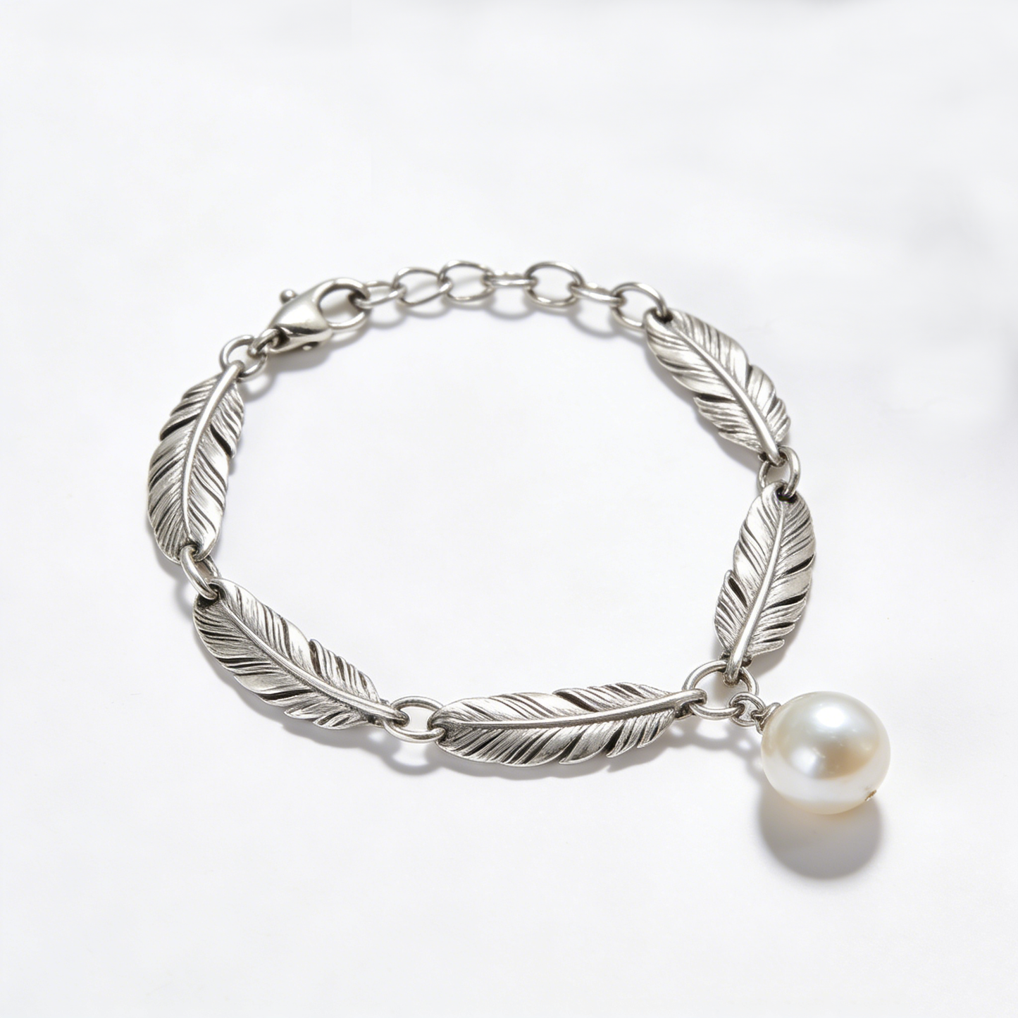 Feather Chain Pearl Pendant Vintage Silver Bracelet