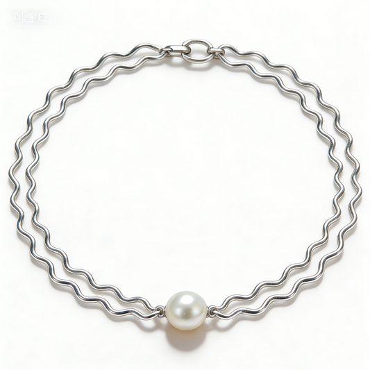 Double-layer Wave Chain Pearl Pendant Silver Choker