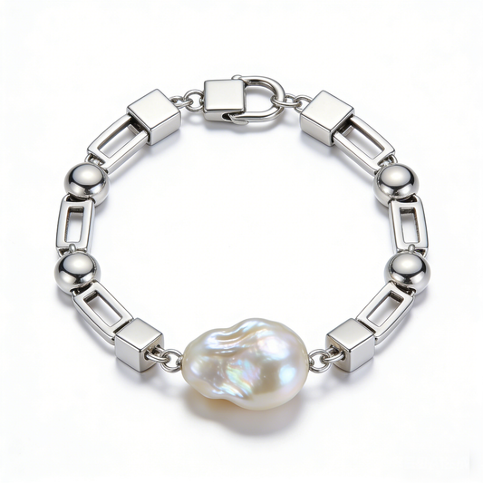 Geometric Chain Baroque Pearl Patchwork Silver Bracelet