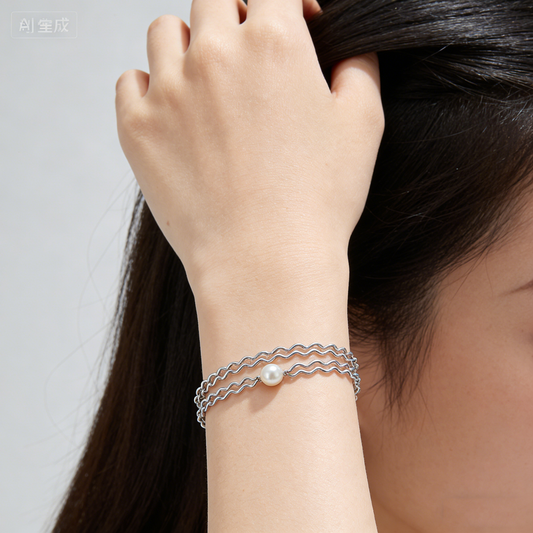 Double-layer Wave Chain Pearl Pendant Silver Choker