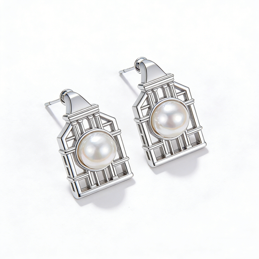 Chinese Style Window Pane Pearl Stud Earrings