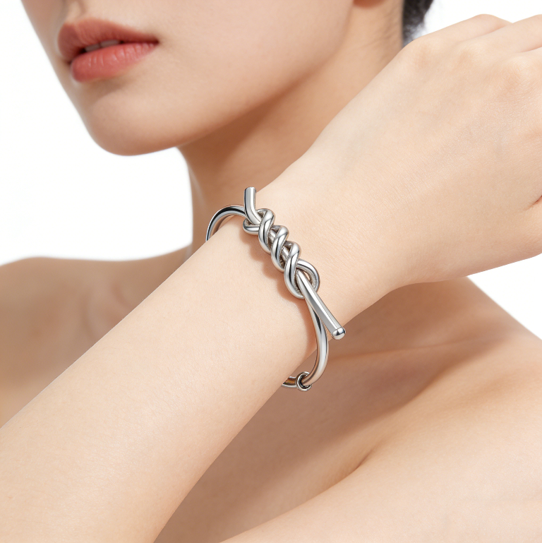 Knotted Design Minimalist Open Silver Bangle