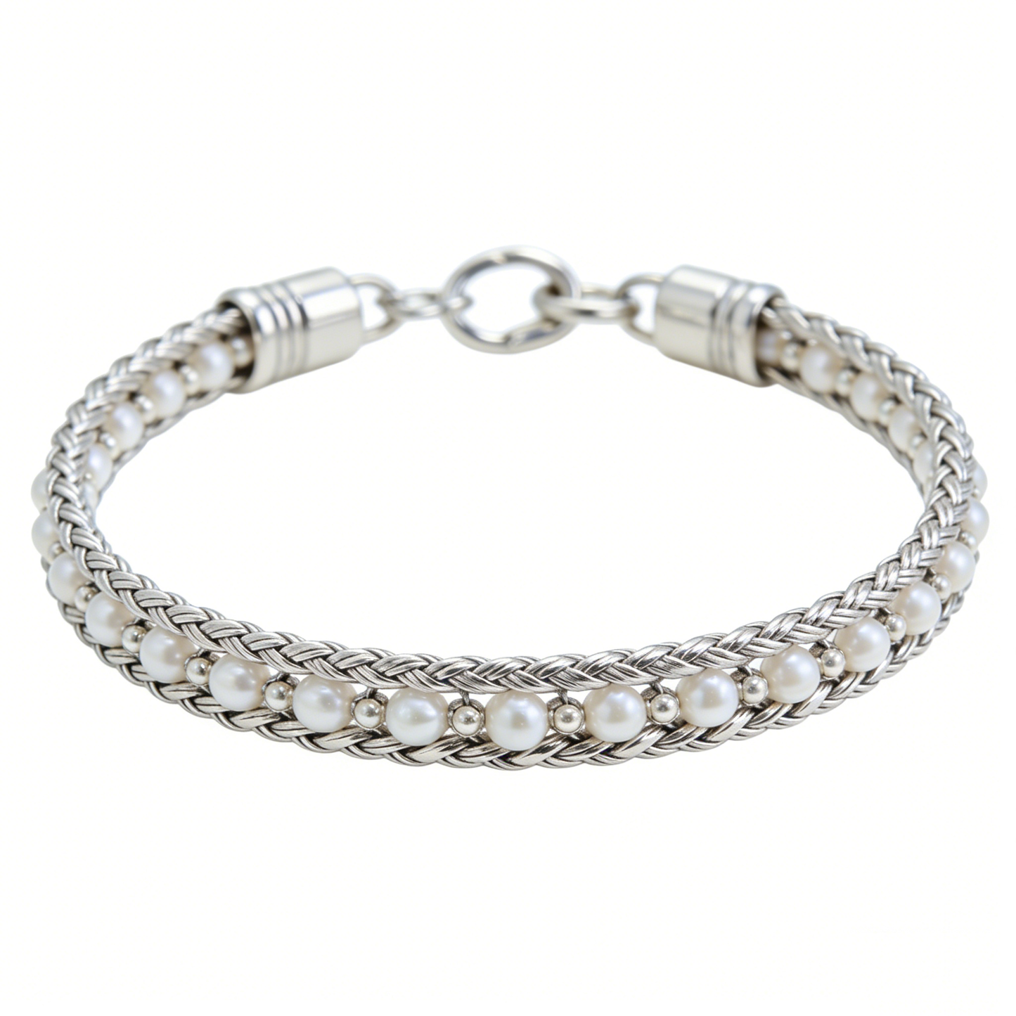 Woven Wide Small Pearl Inlaid Luxury Silver Bracelet