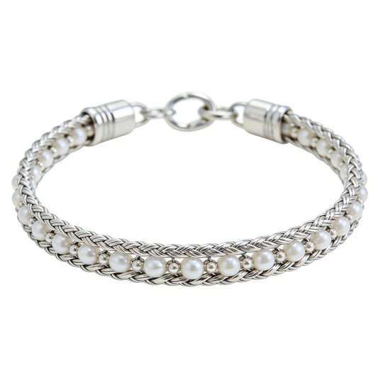 Woven Wide Small Pearl Inlaid Luxury Silver Bracelet